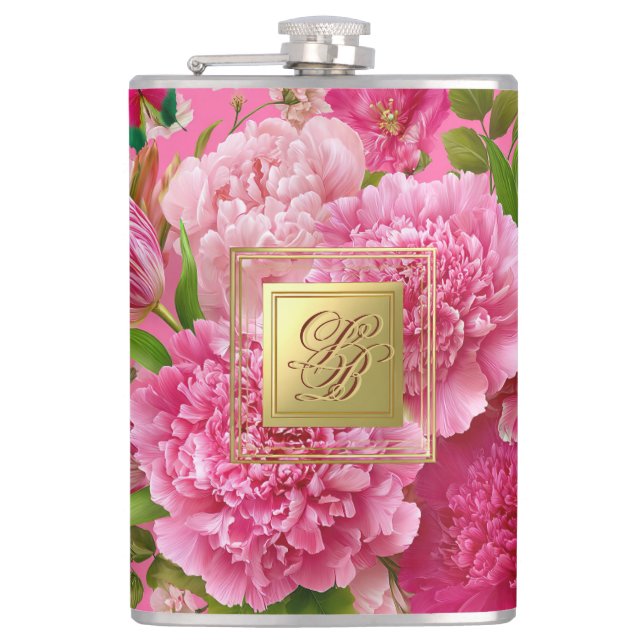 Fette rosa und grüne florale Monogramm-Party-Flasc Flachmann (Vorderseite)