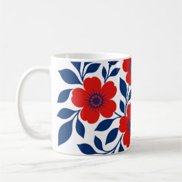 Fette rote Blumen und marineblaue Blätter Kaffeetasse