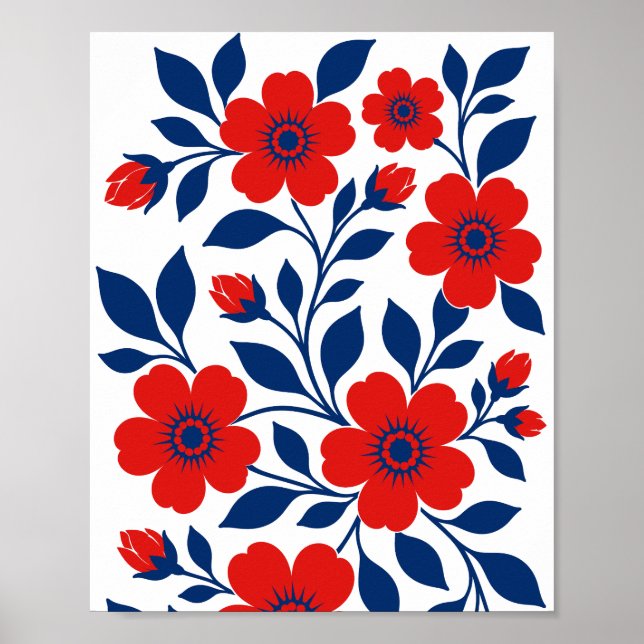 Fette rote Blumen und marineblaue Blätter Poster (Vorne)