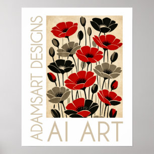 Fette rote und schwarze Retro-Mohnblumen floral Poster