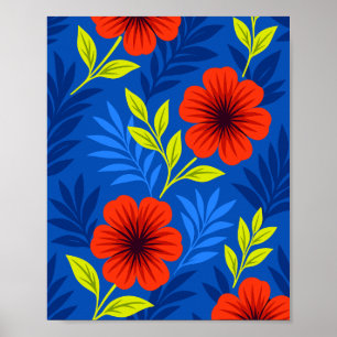 Fette scharlachrote Blüten mit eleganten Blättern Poster