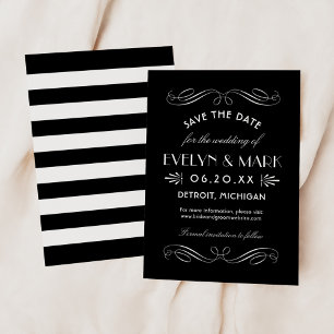 Fette schwarze Art Deco-Flourish-Hochzeit Save The Date