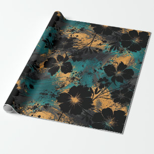 Fette schwarze florale Silhouette mit Türkis und S Geschenkpapier