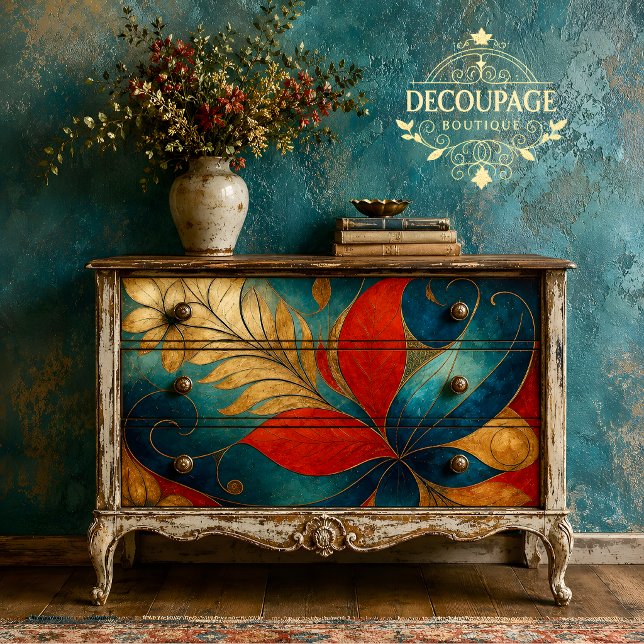 Fette Teal-Rot-Blumen-Dekupage Seidenpapier (Bold Teal Red Floral Decoupage Tissue Paper)