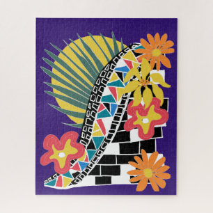 Fette tropische Blumenmuster in Schwarz-Weiß auf I Puzzle