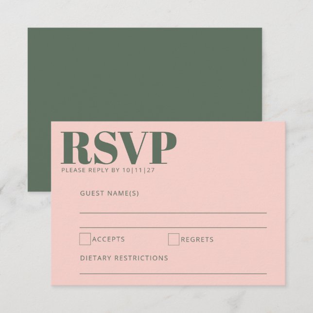 Fette Typografie Blush Pink Green Moderne Hochzeit RSVP Karte (Vorne/Hinten)
