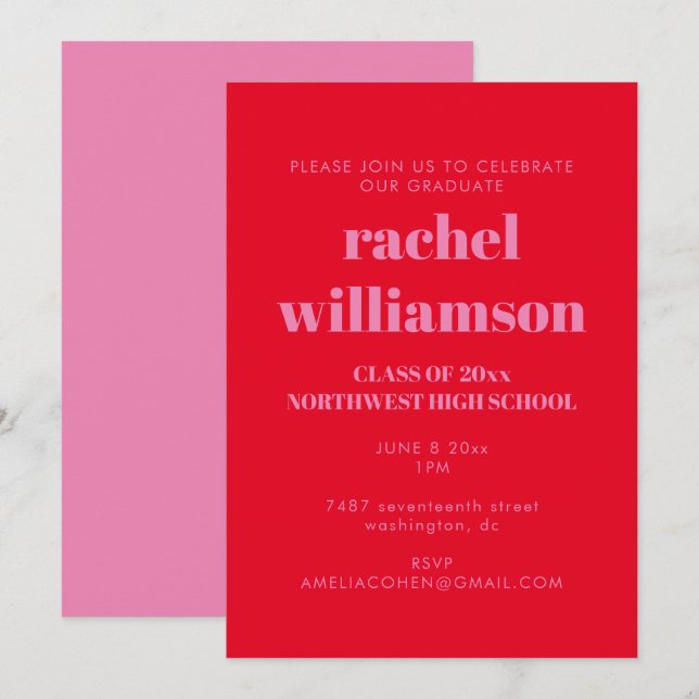 Fette Typografie Bright Pink Red Graduation Party Einladung (Vorne/Hinten)