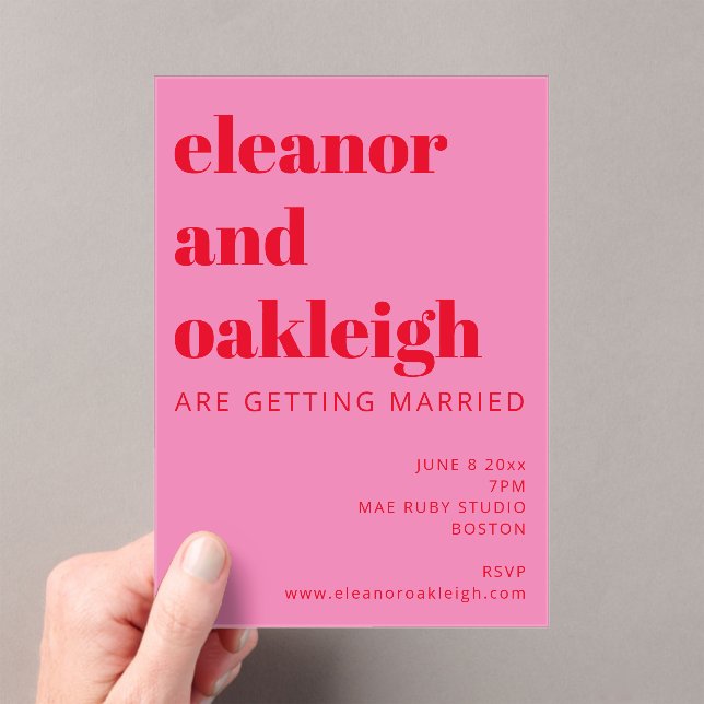 Fette Typografie Bright Pink und Red Modern Weddin Acryleinladungen (Insitu (Handheld))