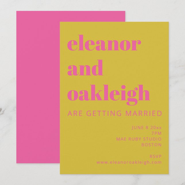 Fette Typografie Bright Pink Yellow Moderne Hochze Einladung (Vorne/Hinten)