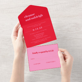 Fette Typografie Helles Rosa und Rot Moderne Hochz All In One Einladung