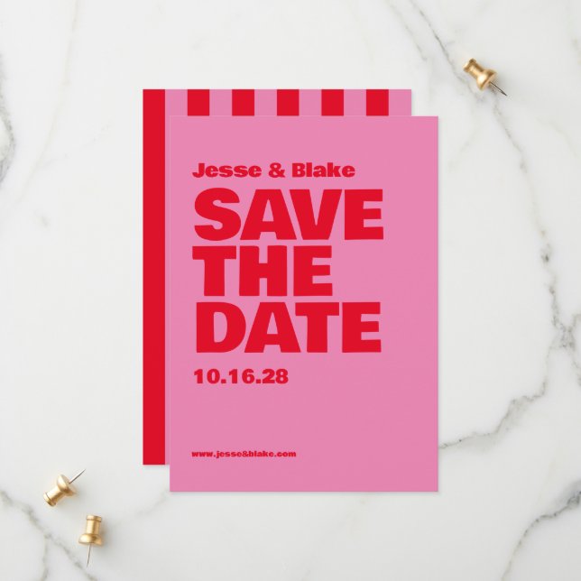 Fette Typografie, rosa und rote Hochzeit Save The Date (Vorderseite/Rückseite Beispiel)
