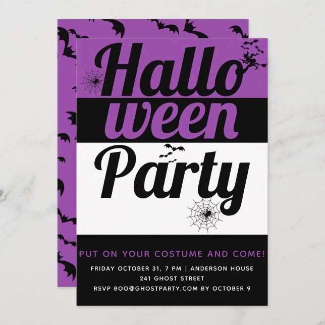 Fette Typografie und Spinnen lila Halloween-Party Einladung (Vorne/Hinten)