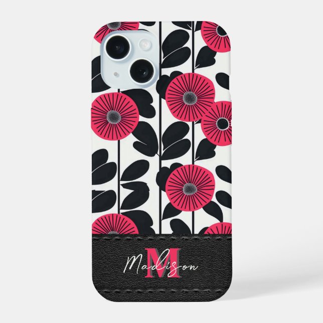 Fetter Boho-Blumenmuster-Monogramm iPhone 15 Hülle (Rückseite)