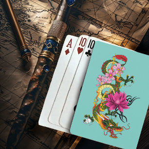 Fetter Grün Chinesischer Drache Lotus Türkis Tatto Spielkarten