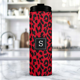 Fettes rotes Leoparden-Tierdruck-Monogramm Thermosbecher
