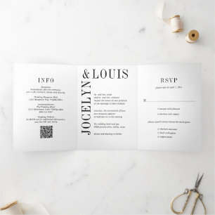 Fettes Schwarz-Weiß-QR-Code Moderne Hochzeit Dreifach Gefaltete Einladung