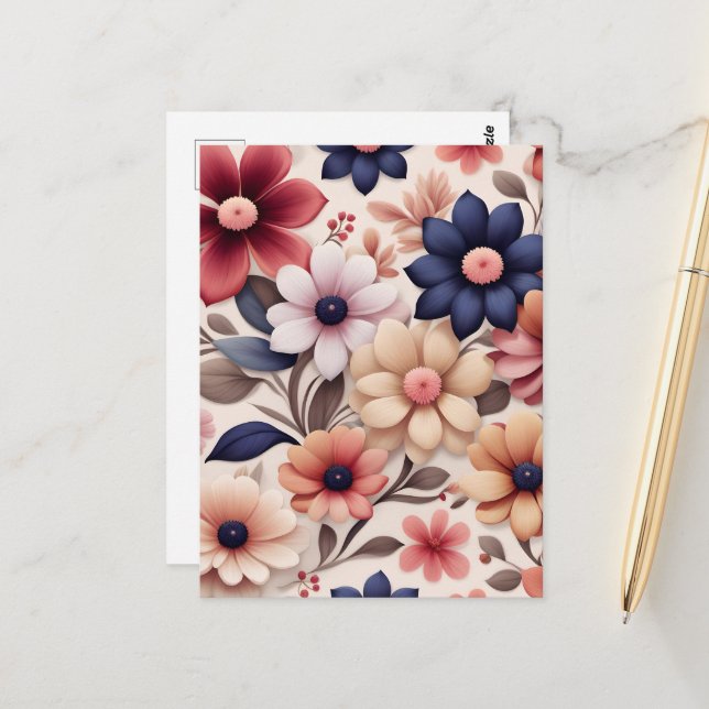 Fettfarbene Blume und Blätter - Muster pink Postkarte (Vorderseite/Rückseite Beispiel)