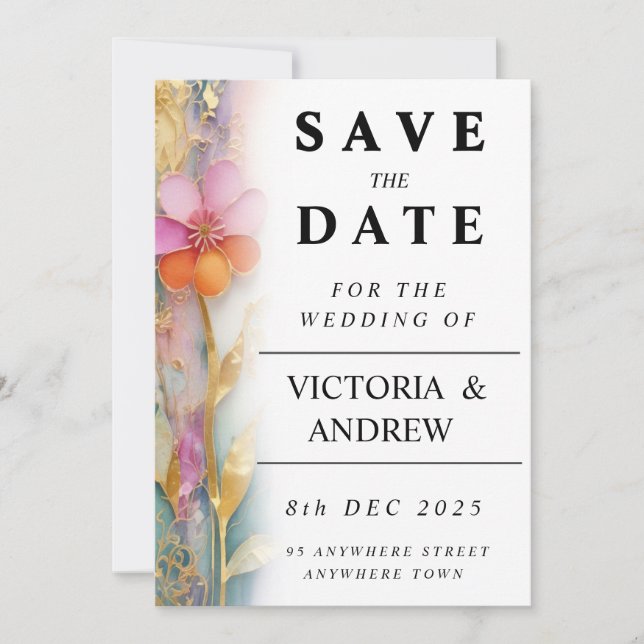 Fettfarbige, florale Save the Date-Karte Date (Vorderseite)