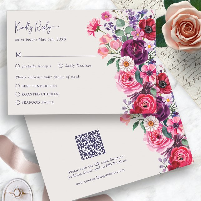 Fettfloral-RSVP-Karte RSVP Karte (Bold Jewel Tone Watercolor Floral RSVP Card with QR Code by Painted Paperie
)