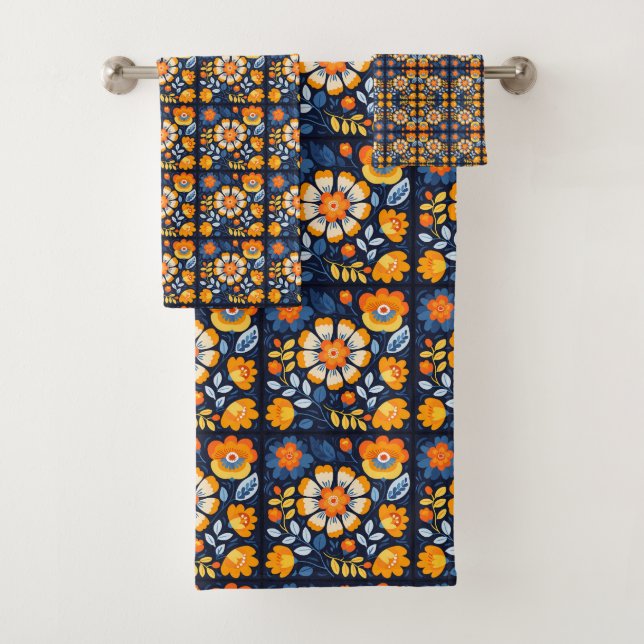 Fettflorale Illustration in Orange und Blau Badhandtuch Set (Insitu)