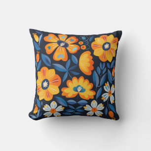 Fettflorale Illustration in Orange und Blau Kissen