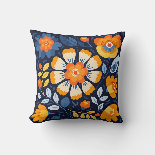 Fettflorale Illustration in Orange und Blau Kissen (Vorderseite)