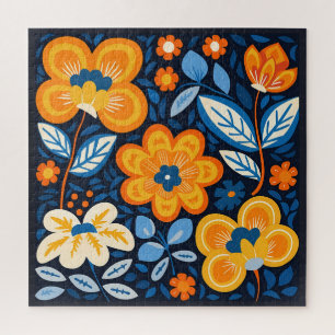 Fettflorale Illustration in Orange und Blau Puzzle