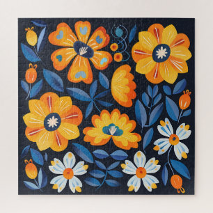 Fettflorale Illustration in Orange und Blau Puzzle