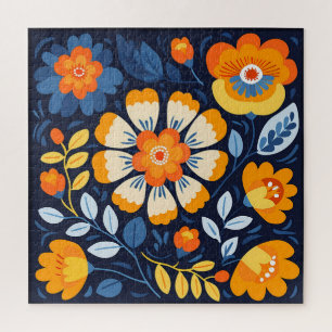 Fettflorale Illustration in Orange und Blau Puzzle