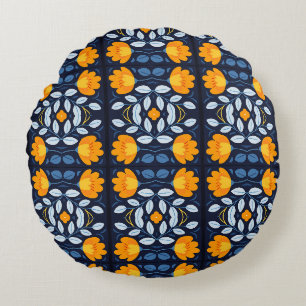 Fettflorale Illustration in Orange und Blau Rundes Kissen