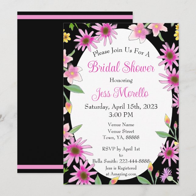 Fettflorales Brautparty Schwarz Pink Wasserfarbe Einladung (Vorne/Hinten)