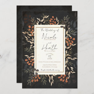 Fettgewebte botanische Blätter Gray Gold Wedding Einladung