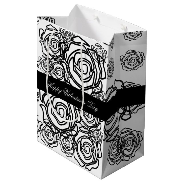 "Fettgewebte Rose Valentine" (b/w) mittelgroße Ges Mittlere Geschenktüte (Rückseite Schrägansicht)