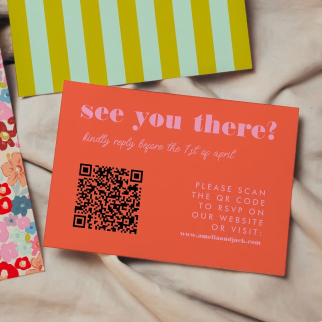 Fettglänzende, rosa QR-UAWG RSVP Karte (Bold Bright Red and Pink QR Code RSVP Wedding, green and mint blue stripes on backside)