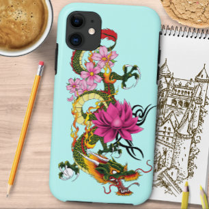 Fettgrüne chinesische Drachen-Lotos-Teal-Tätowieru Case-Mate iPhone Hülle