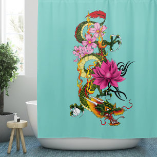 Fettgrüne chinesische Drachen-Lotos-Teal-Tätowieru Duschvorhang