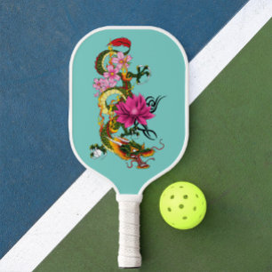 Fettgrüner chinesischer Drache Lotus Teal Tattoo Pickleball Schläger