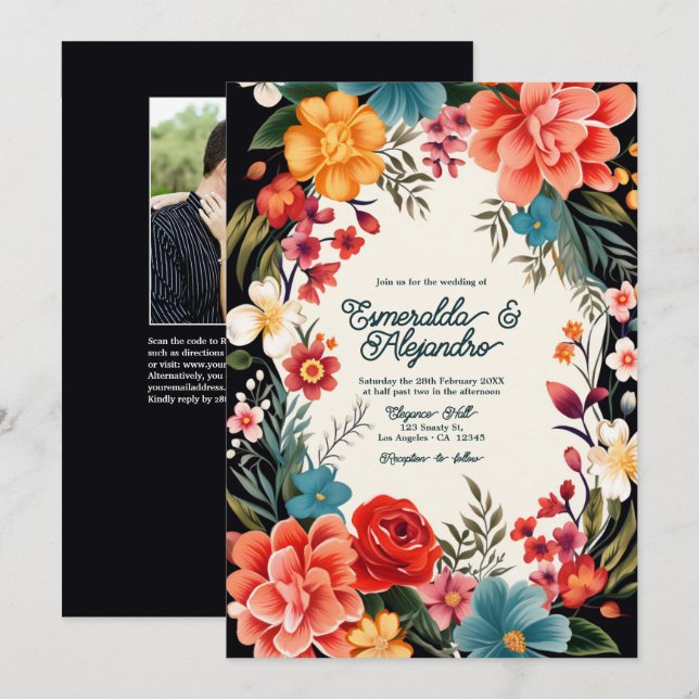 Fettlebiges florales Fiesta Wedding Foto & QR Code Einladung (Vorne/Hinten)