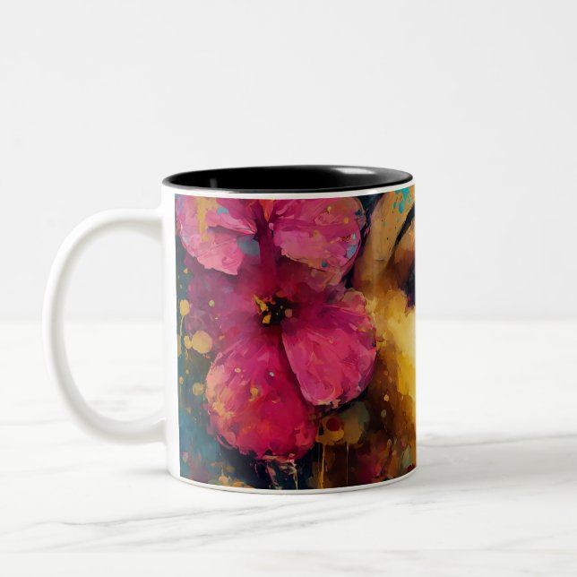 Fettrosa Hibiskus und Abstraktes Portrait der Frau Zweifarbige Tasse (Links)