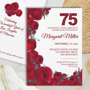 Fettrote florale Zahl Elegant 75. Geburtstag  Einladung