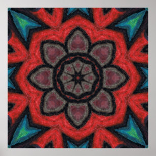 Fettrote und schwarze Kaleidoskop-Blumen-Mandala Poster