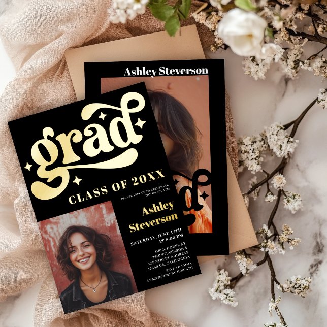 Fettschwarze Groovy-2-Fotos-Graduierungsparty Folieneinladung (Bold Retro black Groovy 2 photos Graduation Party Foil Invitation)