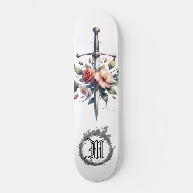 *~* Feuer AP88 Mittelalterliches Schwert Blumenblü Skateboard (Vorderseite)