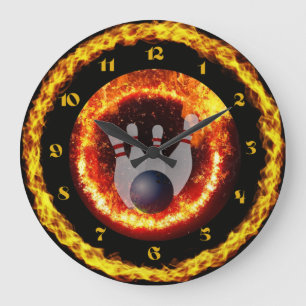 Feuer Flammen Bowling Themed Black Round Clock Große Wanduhr