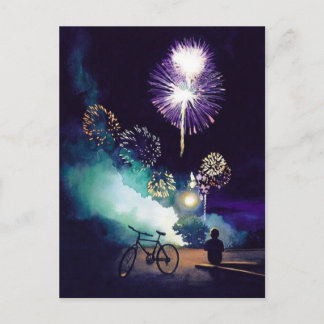 "Feuer im Himmel" Feuerwerk Wasserfarben Kunst Postkarte