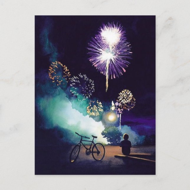 "Feuer im Himmel" Feuerwerk Wasserfarben Kunst Postkarte (Vorderseite)