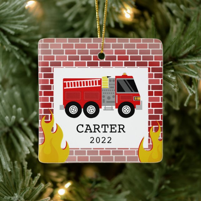 Feuer LKW Flammen Kinder Kleiner Junge Weihnachten Keramikornament (Baum)