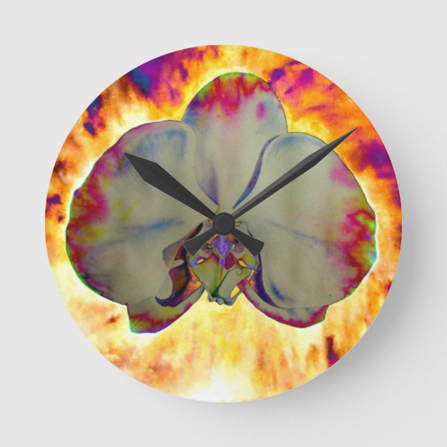 Feuer Orchid, abstrakte, lebendige Aquarellblüte Runde Wanduhr (Vorderseite)