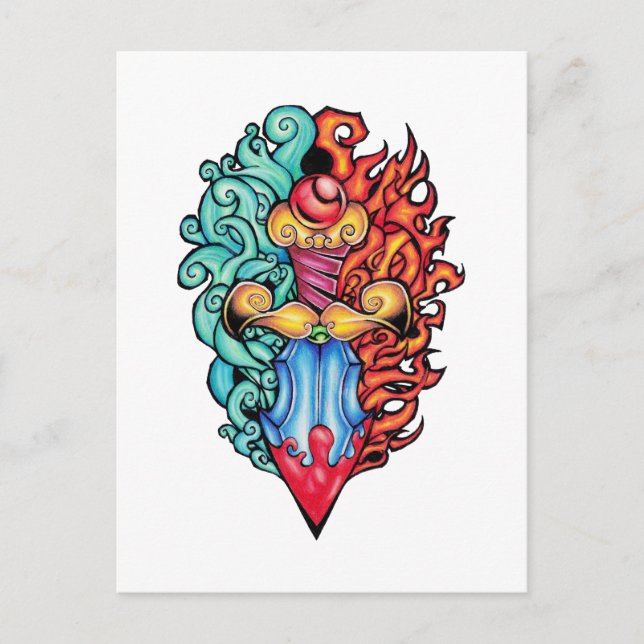 Feuer- und Wasserdagger Tattoo Postkarte (Vorderseite)