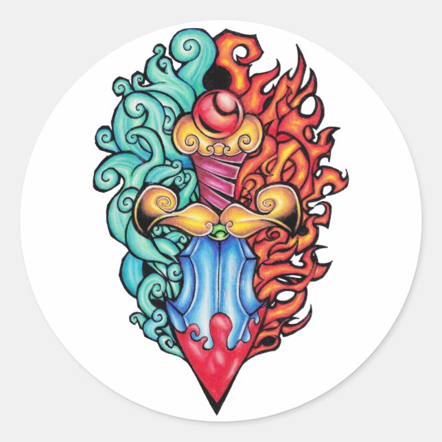 Feuer- und Wasserdagger Tattoo Runder Aufkleber (Vorderseite)